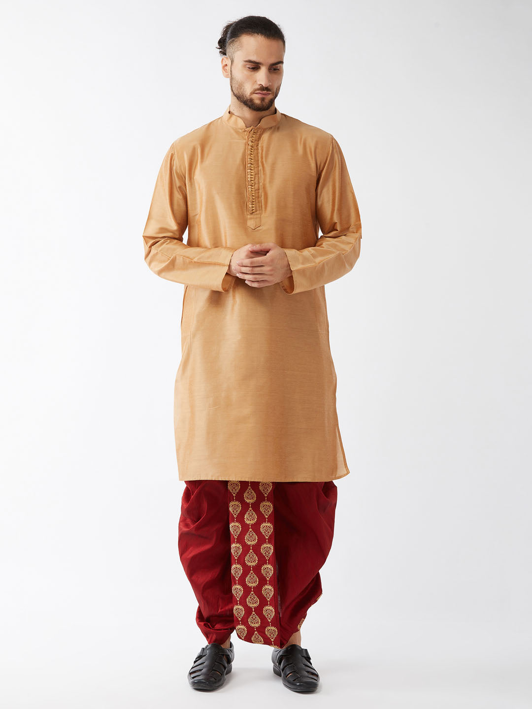 Men's Solid Kurta And Embroidered Traditional Dhoti Set - Vastramay