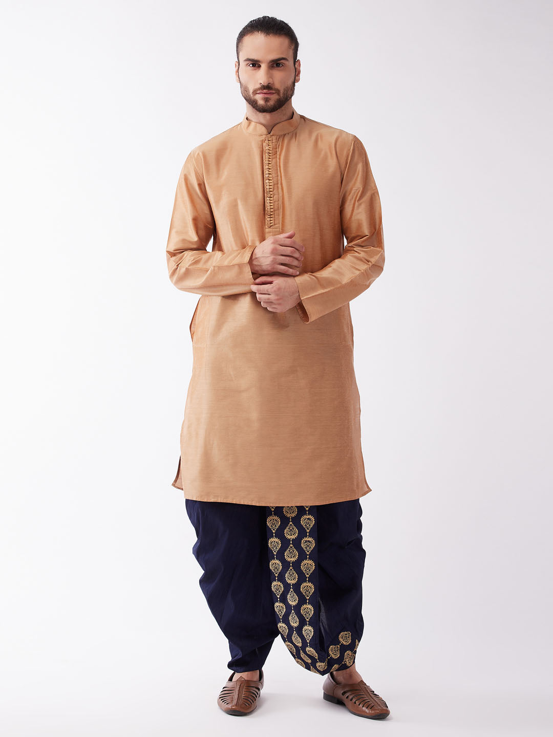 Men's Solid Kurta And Embroidered Traditional Dhoti Set - Vastramay