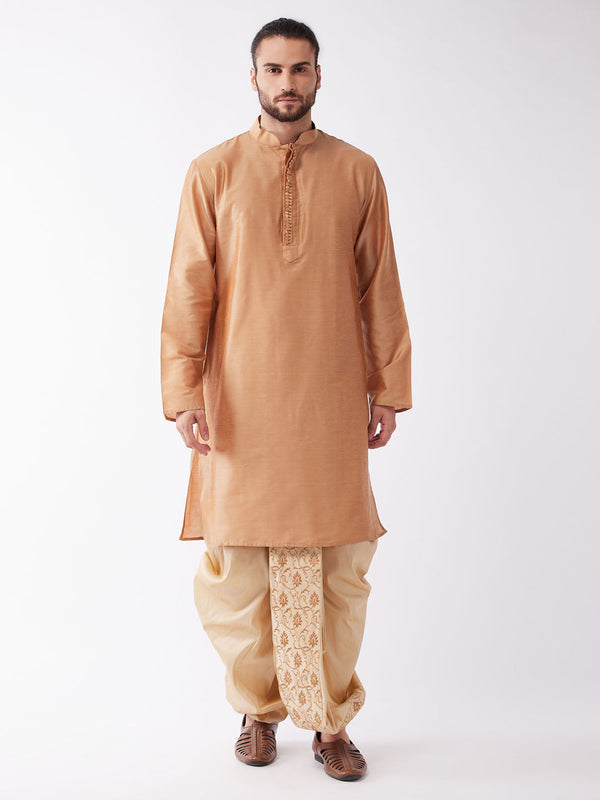 Jashvi Men Rose Gold Kurta with Embroidered Dhoti