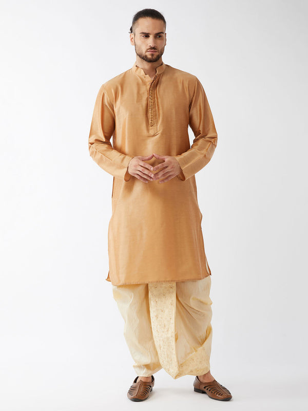 Jashvi Men's Rose Gold And Gold Cotton Silk Blend Kurta And Dhoti Set