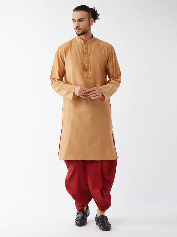 Jashvi Men's Rose Gold And Maroon Silk Blend Kurta With Dhoti Set