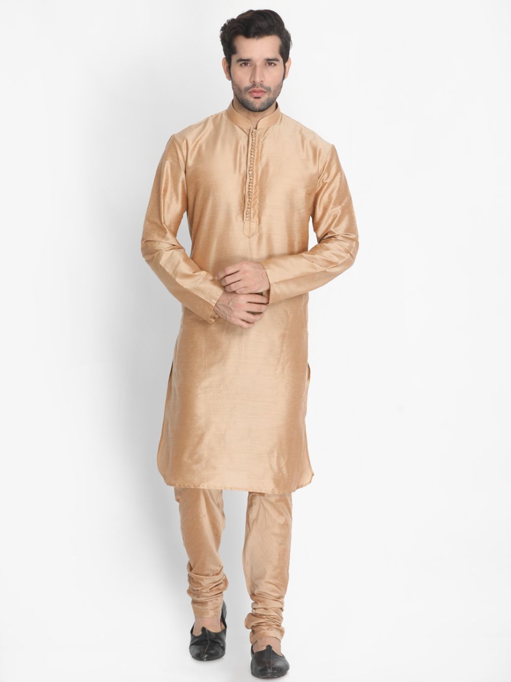 Men's Gold Cotton Silk Blend Kurta and Pyjama Set