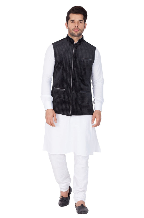 Men's White Cotton Kurta, Ethnic Jacket and Pyjama Set - Vastramay