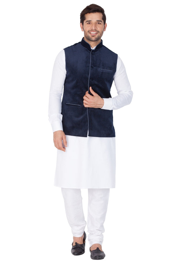 Men's White Cotton Kurta, Ethnic Jacket and Pyjama Set - Vastramay