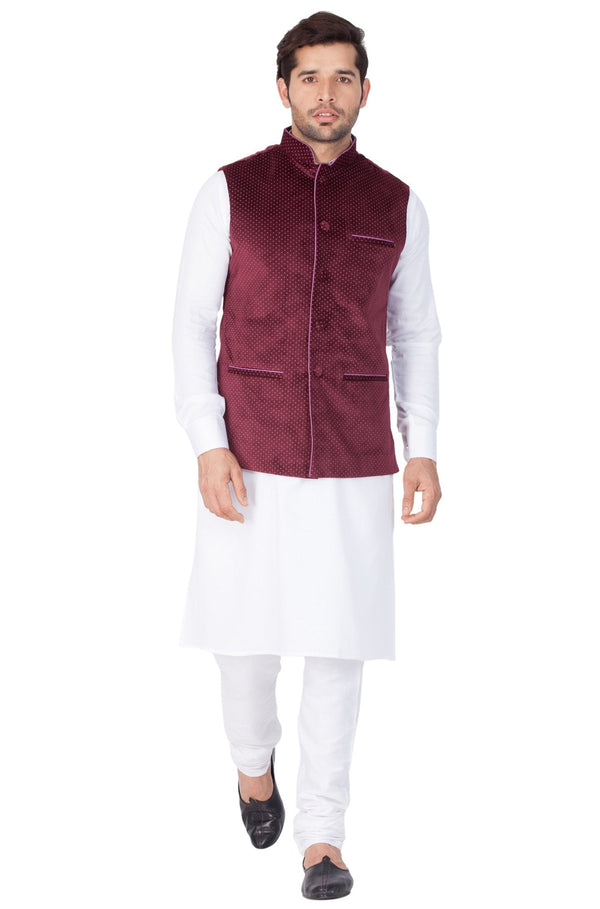 Men's White Cotton Kurta, Ethnic Jacket and Pyjama Set