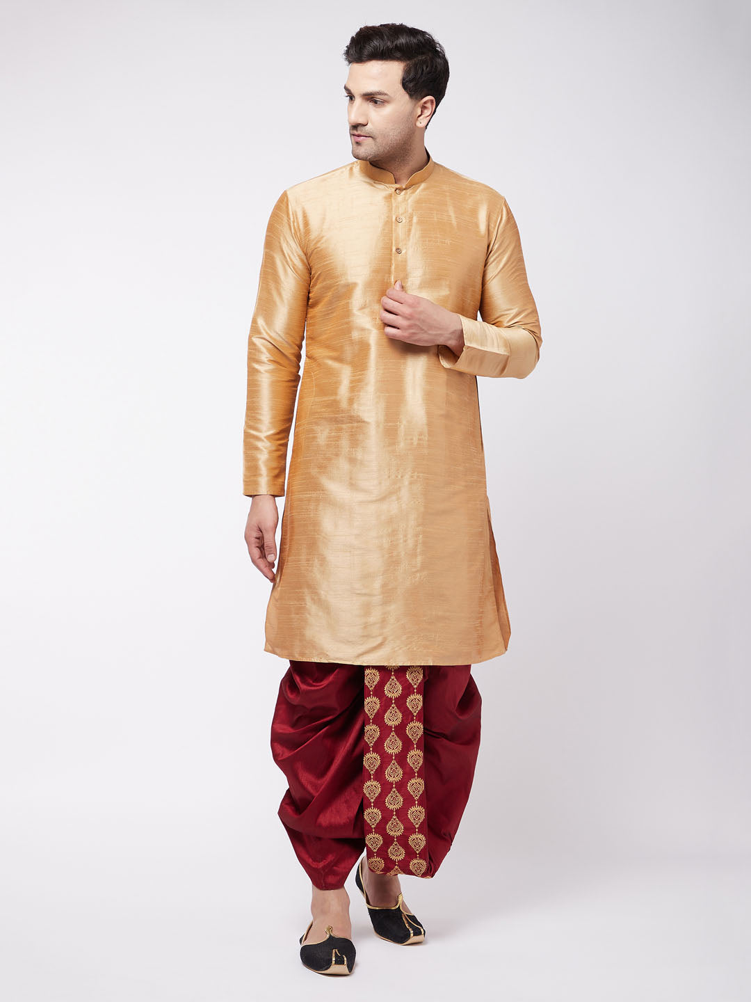 Men's Solid Kurta And Embroidered Traditional Dhoti Set - Vastramay