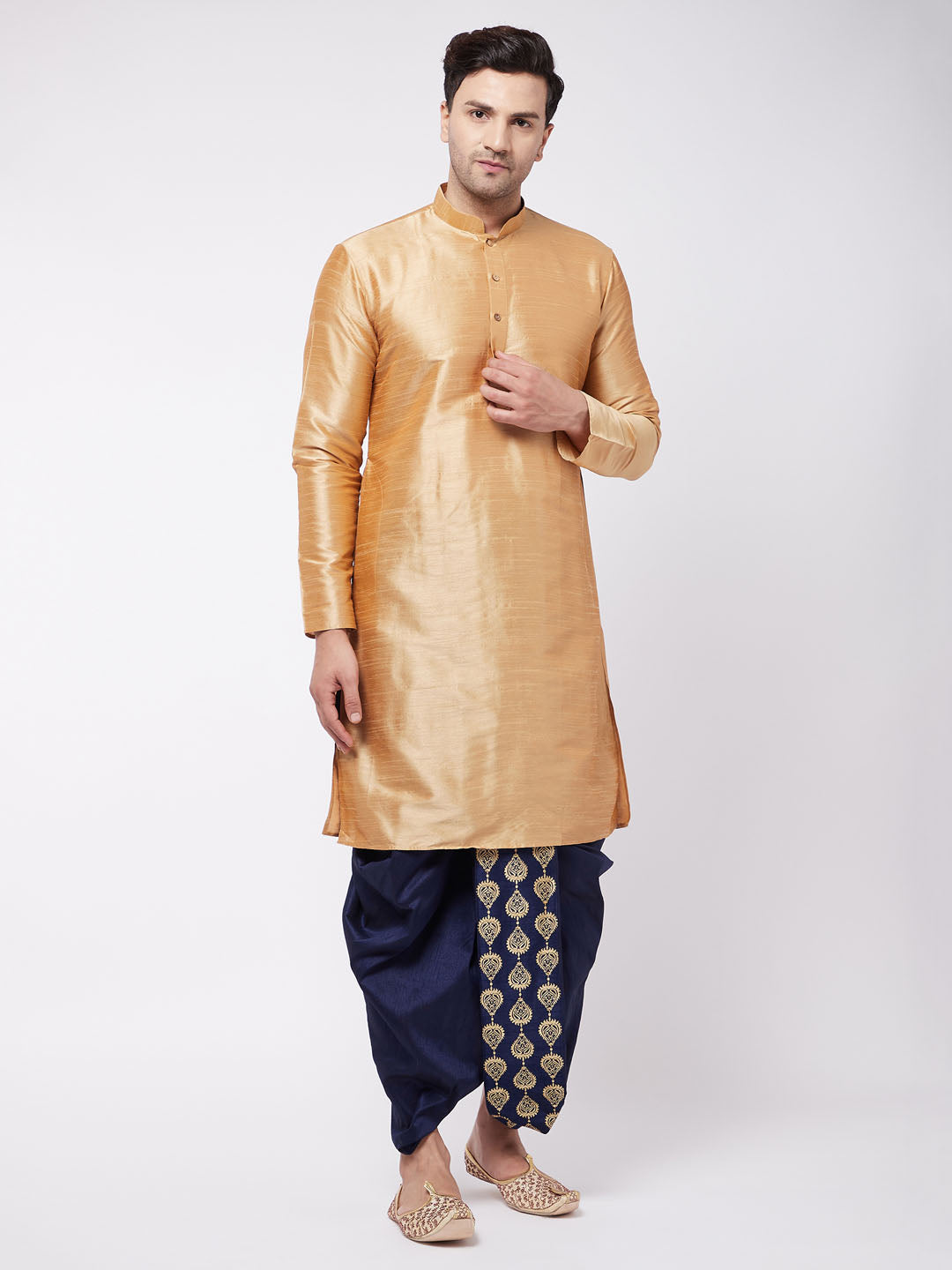 Men's Solid Kurta And Embroidered Traditional Dhoti Set - Vastramay