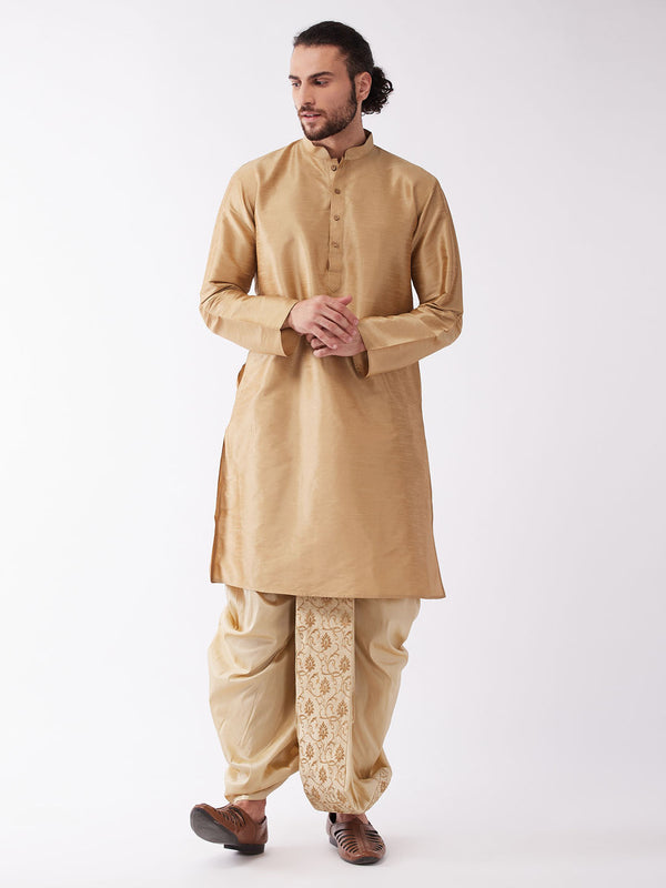 Jashvi Men's Rose Gold And Gold Silk Blend Kurta And Dhoti Set