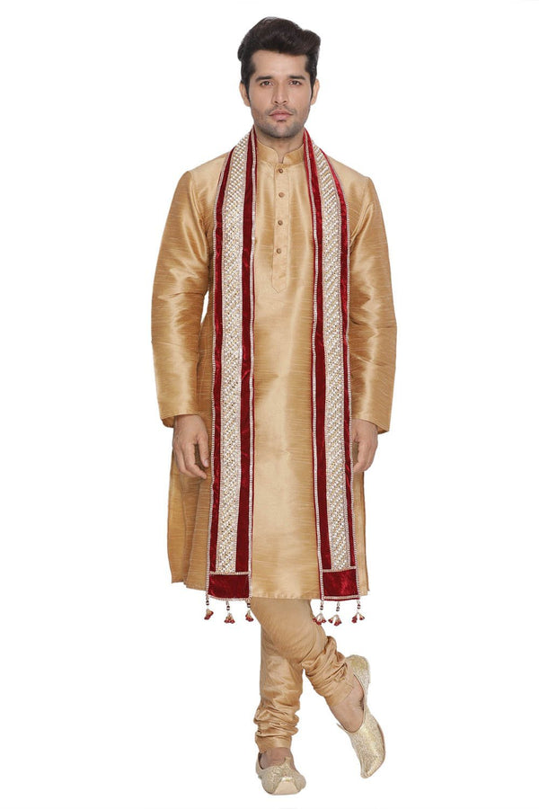 Men's Gold Cotton Silk Blend Kurta, Pyjama & Dupatta Set - Vastramay