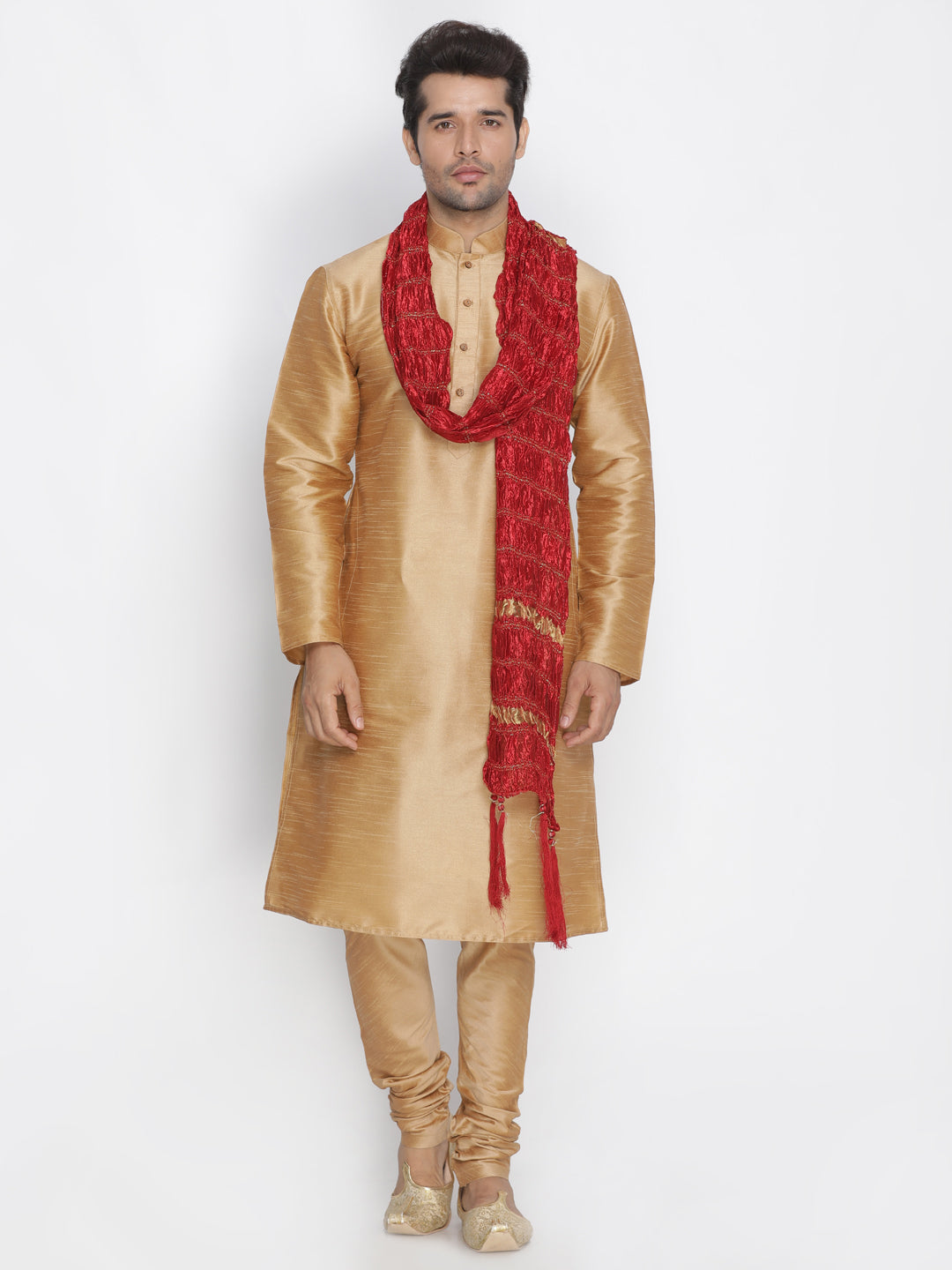 Men's Gold Cotton Silk Blend Kurta, Pyjama &amp; Dupatta Set