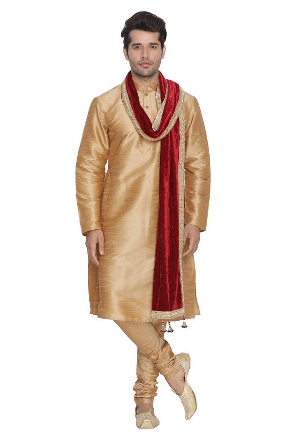 Men's Gold Cotton Silk Blend Kurta, Pyjama & Dupatta Set - Vastramay