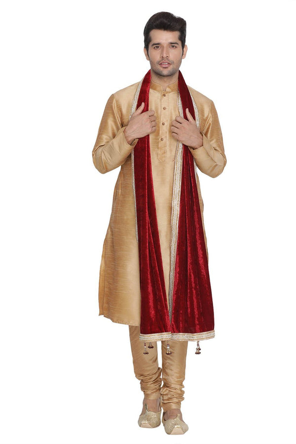 Men's Gold Cotton Silk Blend Kurta, Pyjama & Dupatta Set - Vastramay