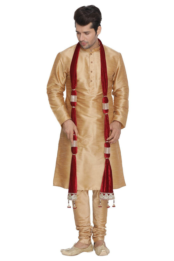 Jashvi Men's Gold Cotton Silk Blend Kurta, Pyjama & Dupatta Set