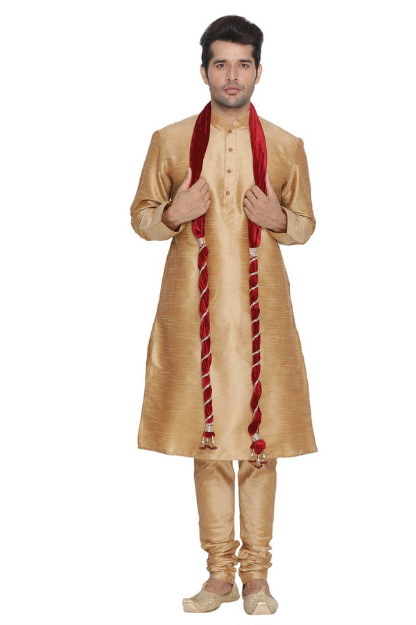 Men's Gold Cotton Silk Blend Kurta, Pyjama & Dupatta Set - Vastramay