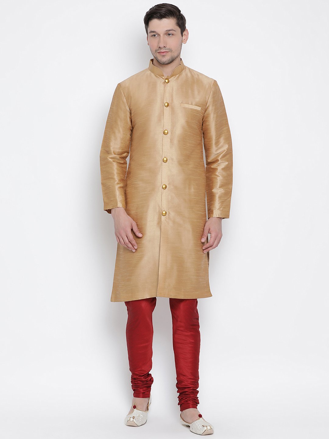 Men's Gold Cotton Silk Blend Kurta and Pyjama Set