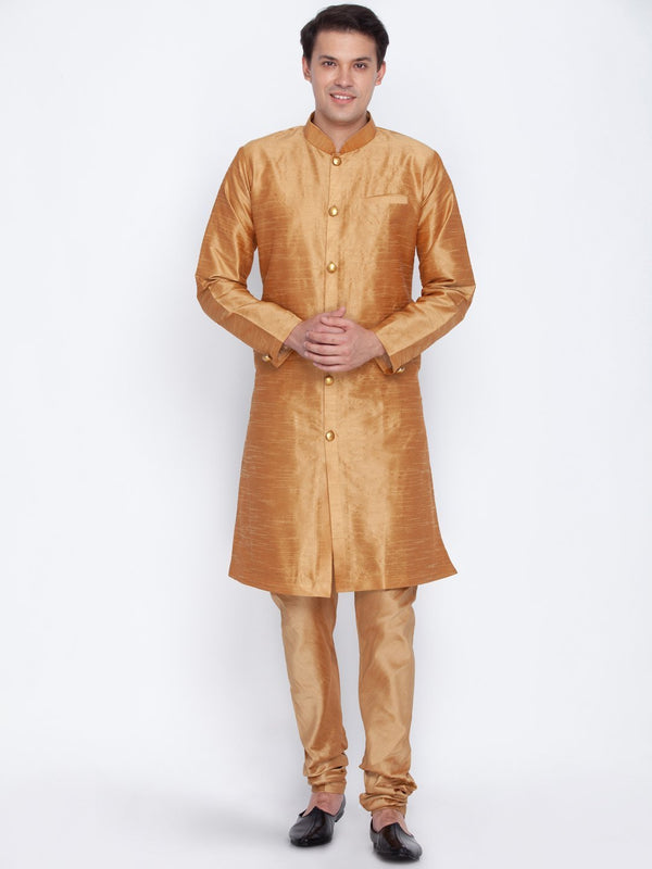 Men's Gold Cotton Silk Blend Sherwani Set - Vastramay