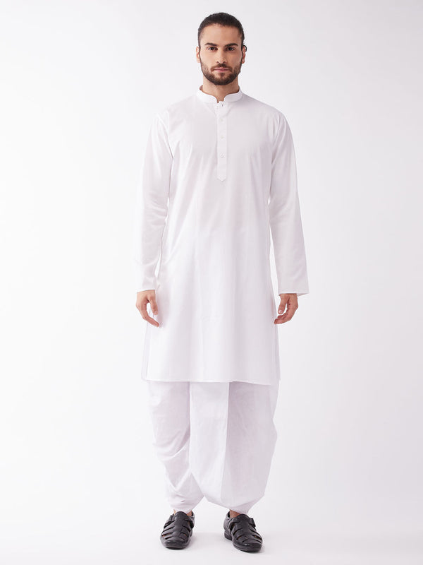 Jashvi Men's White Cotton Blend Kurta And Dhoti Set