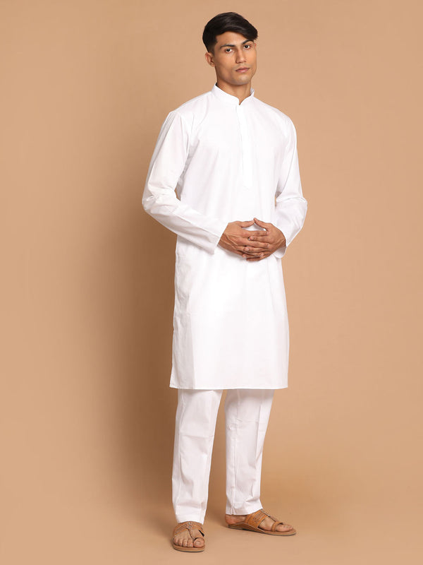 Jashvi Men's White Kurta With White Solid Cotton Pant Style Pyjama Set