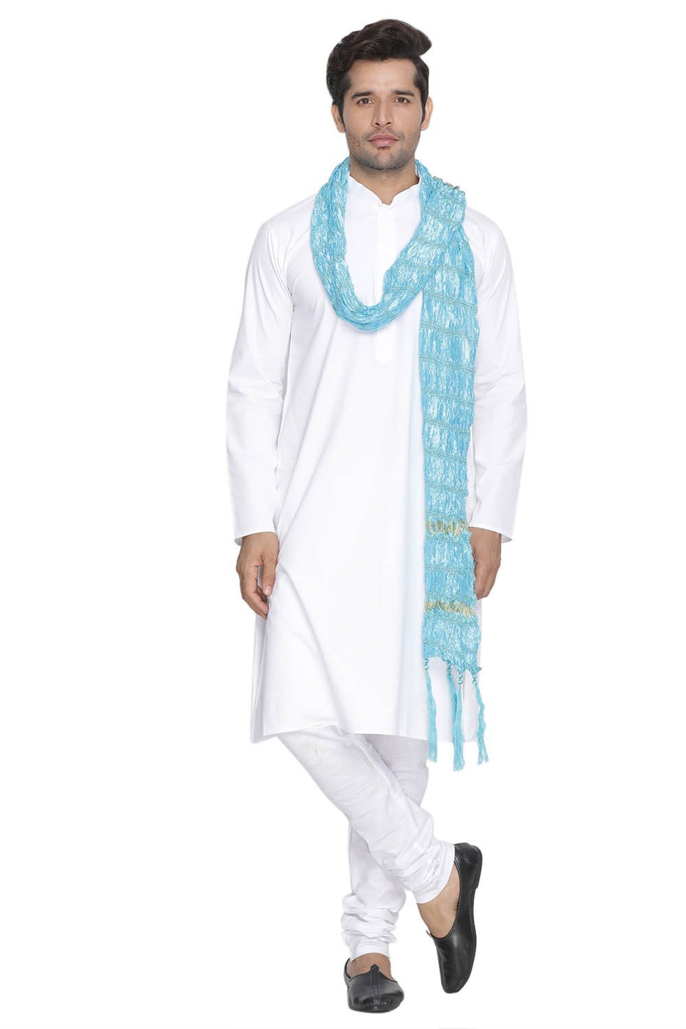 Men's Light Blue Cotton Kurta, Pyjama &amp; Dupatta Set