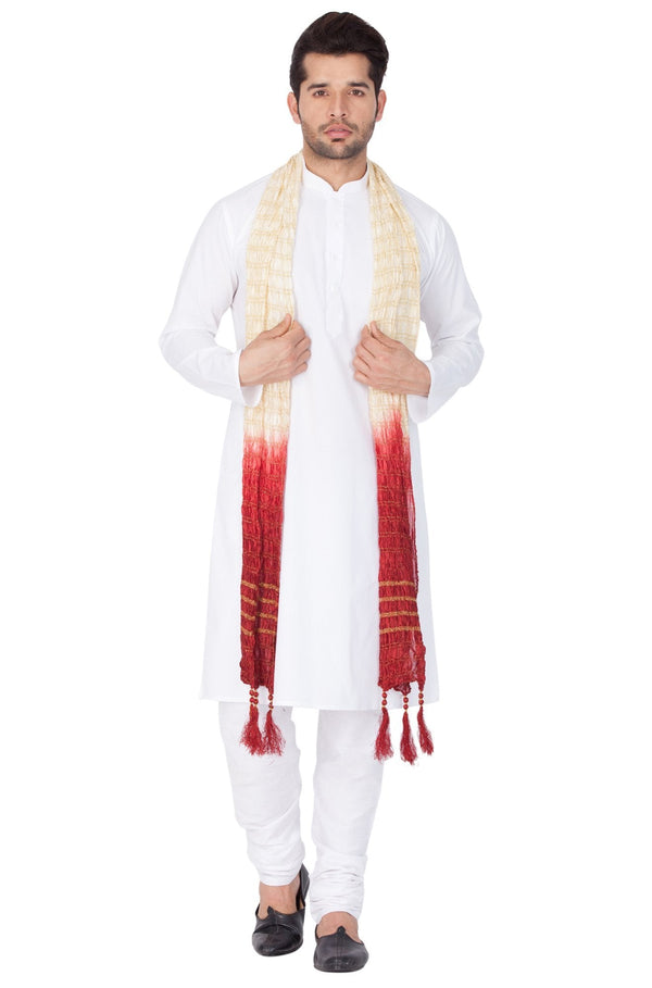 Men's White Cotton Kurta, Pyjama & Dupatta Set - Vastramay