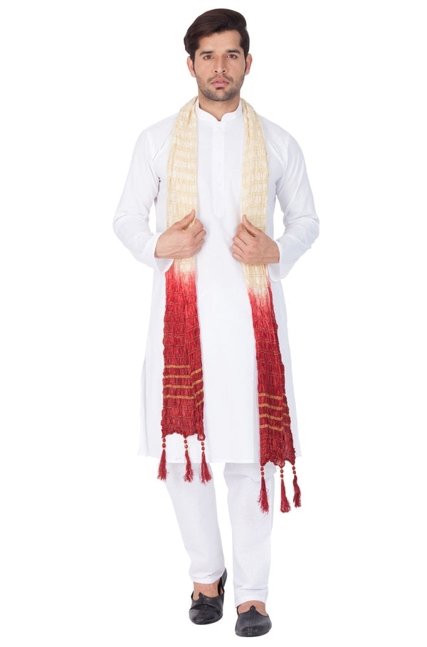 Men's White Cotton Kurta, Pyjama & Dupatta Set - Vastramay