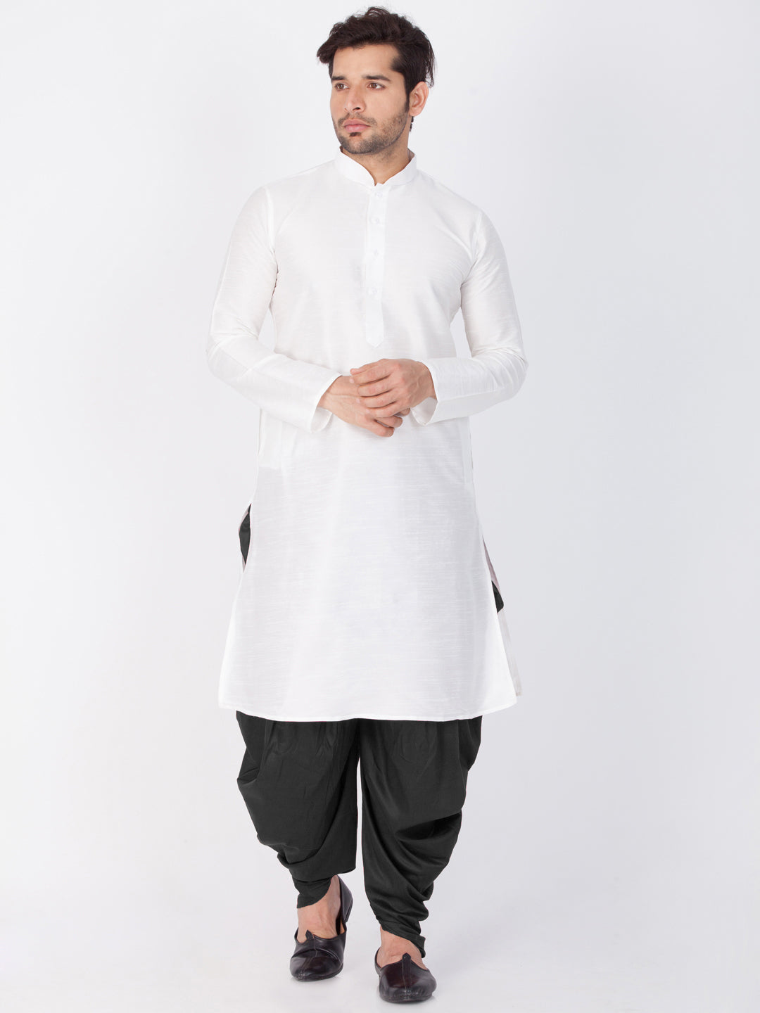 Men's White Cotton Silk Blend Kurta and Dhoti Pant Set