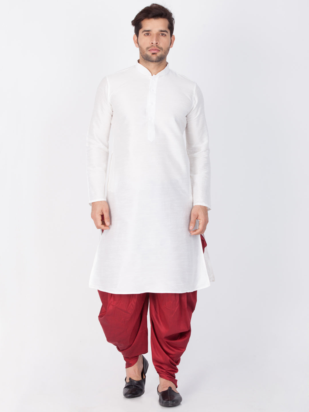 Men's White Cotton Silk Blend Kurta and Dhoti Pant Set