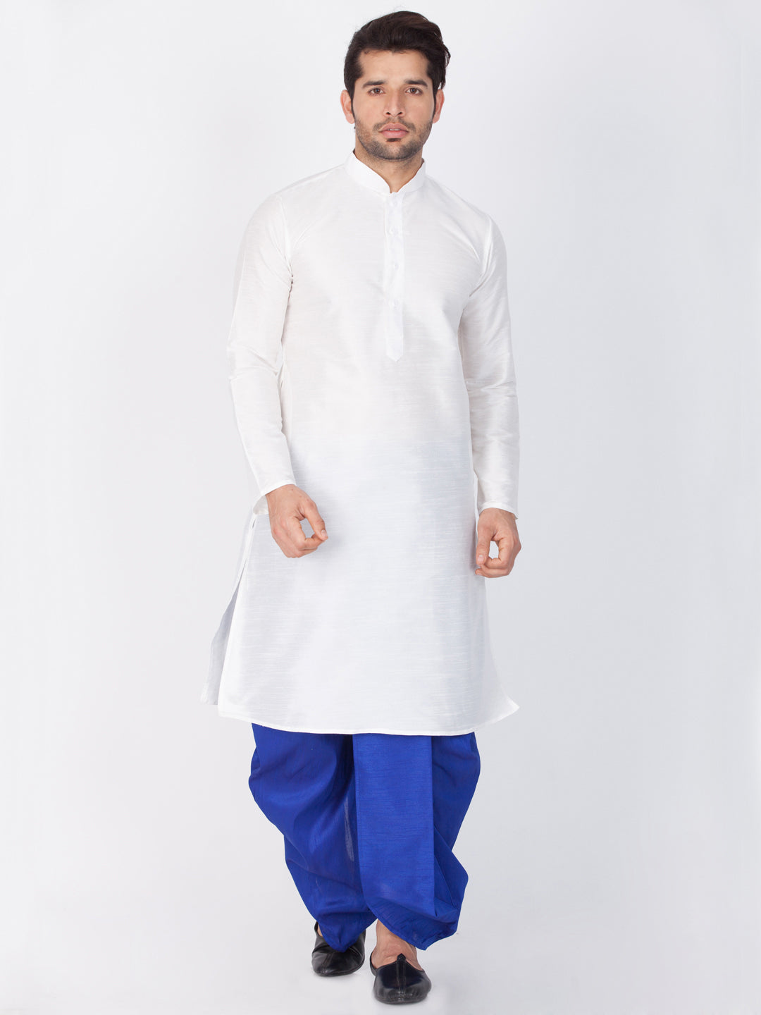 Men's White Cotton Silk Blend Kurta and Dhoti Pant Set