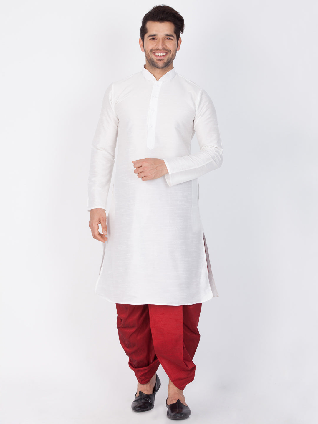 Men's White Cotton Silk Blend Kurta and Dhoti Pant Set