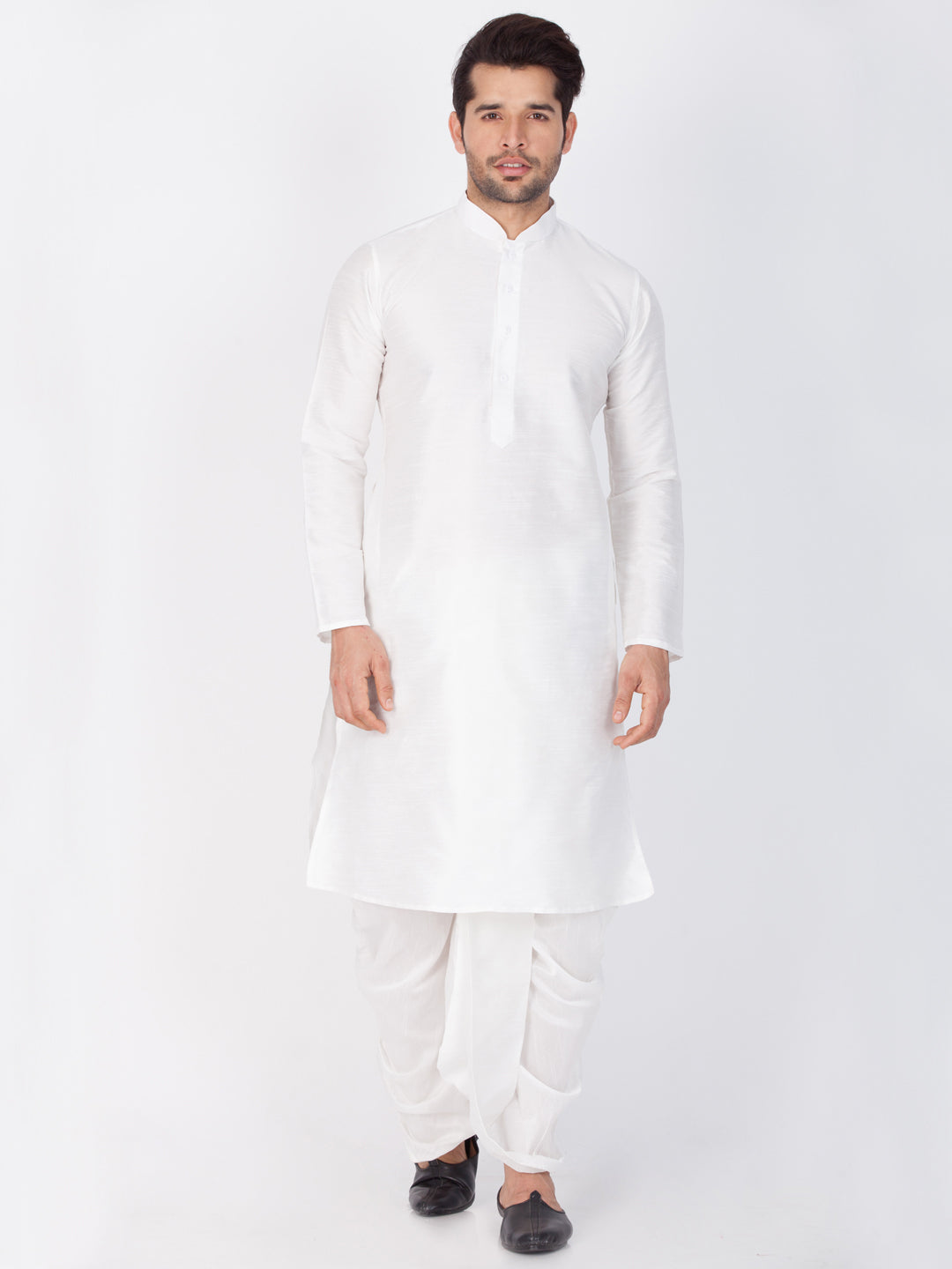 Men's White Cotton Silk Blend Kurta and Dhoti Pant Set