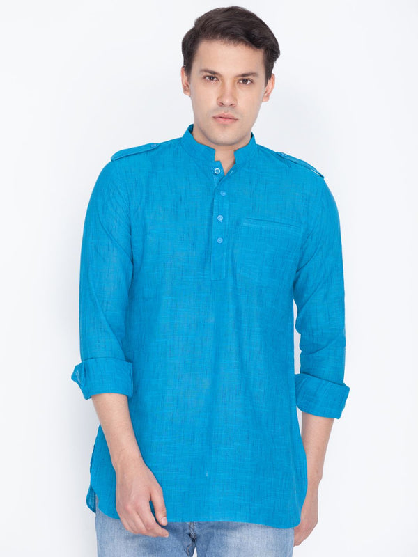 Jashvi Men's Blue Linen Short Kurta