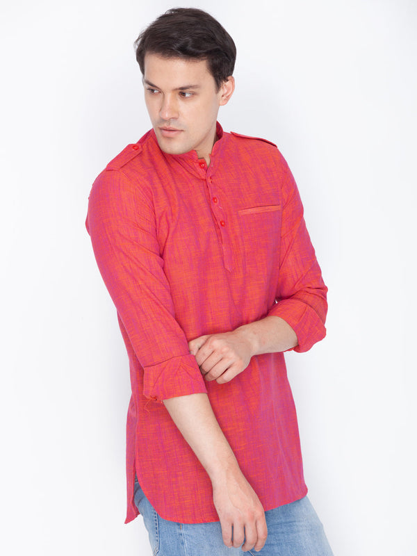 Jashvi Men's Red Linen Short Kurta