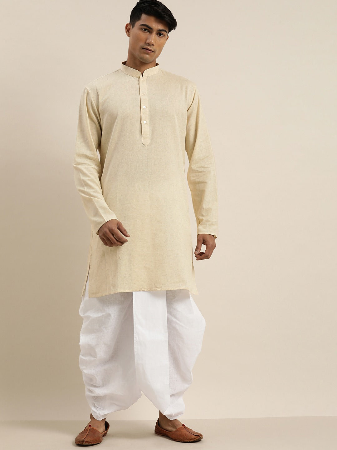 Men's Cream And White Cotton Short Kurta And Dhoti - Vastramay