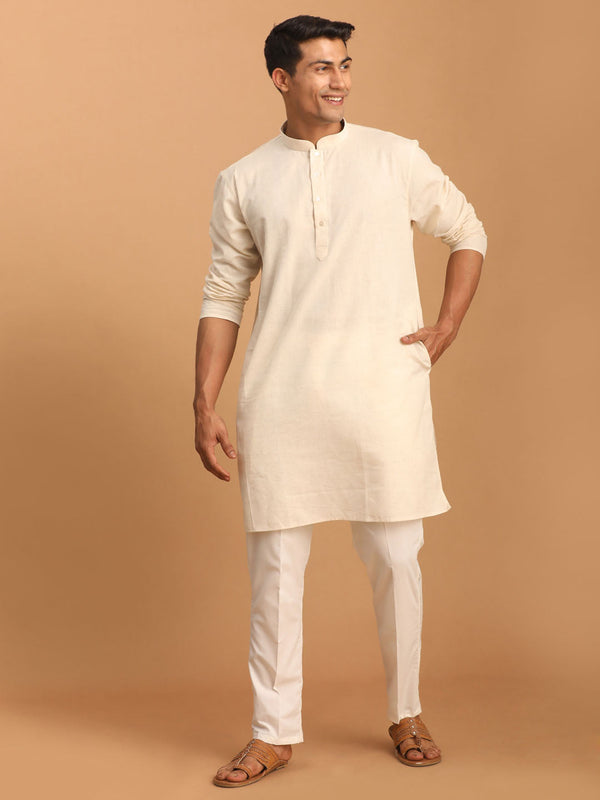 Jashvi Men's Cream Cotton Kurta with Cream Pant Set