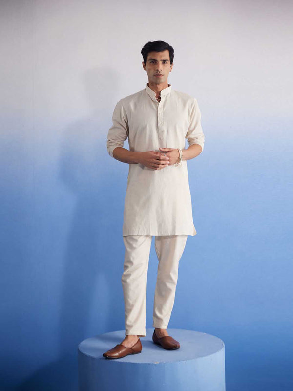 Jashvi Men's Cream Cotton Kurta with Cream Pant Set