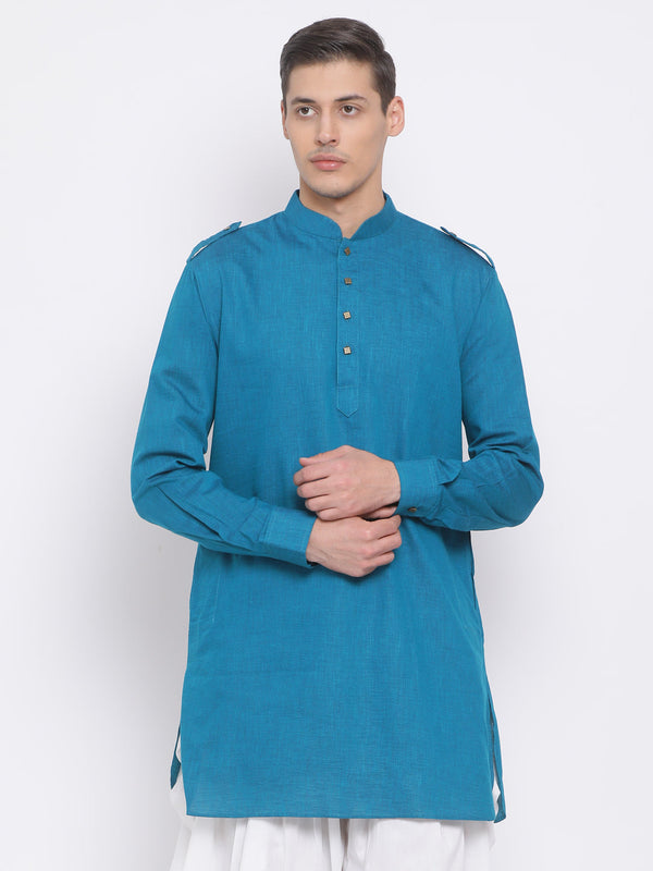 Jashvi Men's Turquoise Blue Cotton Blend Kurta