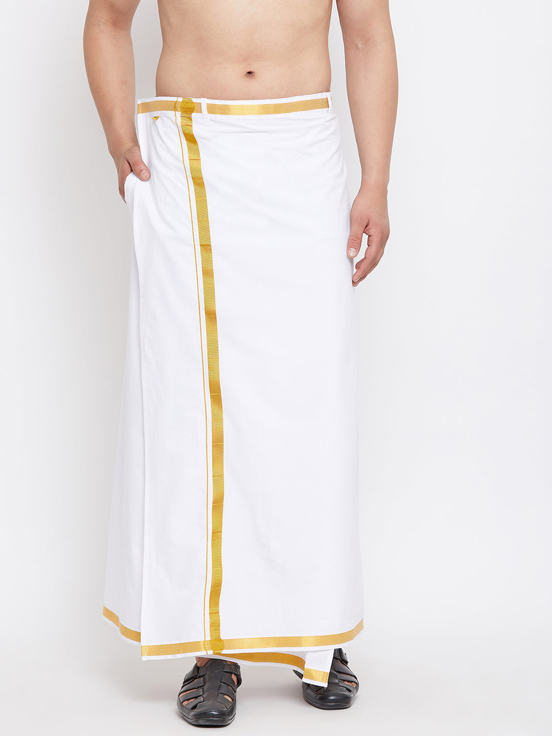 Men's White And Gold Dhoti/Mundu/Vesty - Vastramay