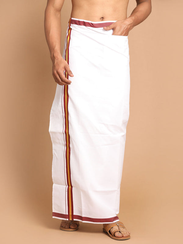 Jashvi Men's White And Maroon Mundu