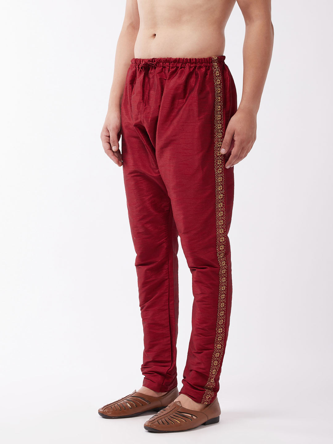 Men's Maroon Silk Blend Embroidered Pyjama - Vastramay