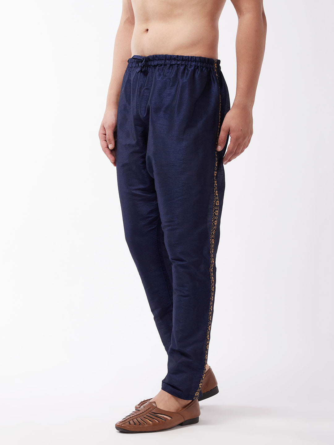 Men's Navy Blue Silk Blend Embroidered Pyjama - Vastramay