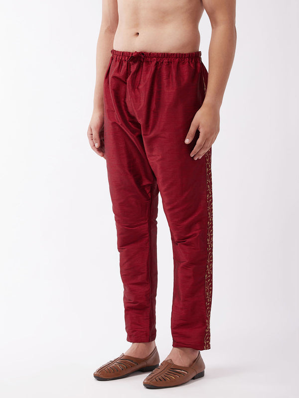 Jashvi Men's Maroon Silk Blend Embroidered Pyjama