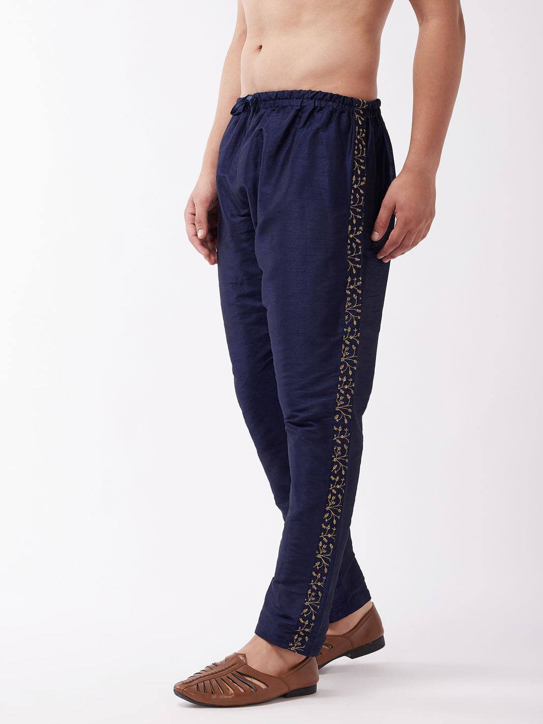 Men's Navy Blue Silk Blend Embroidered Pyjama - Vastramay