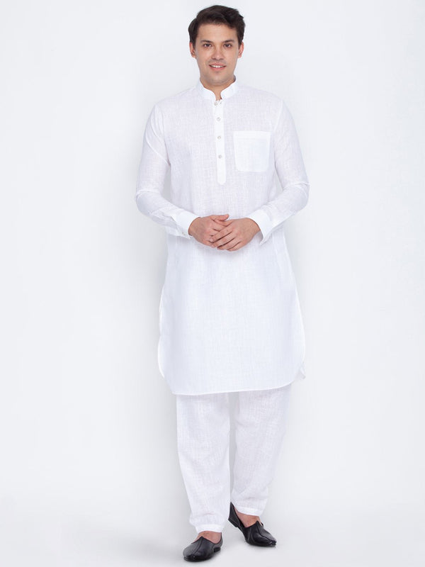 Men's White Cotton Blend Pathani Suit Set - Vastramay