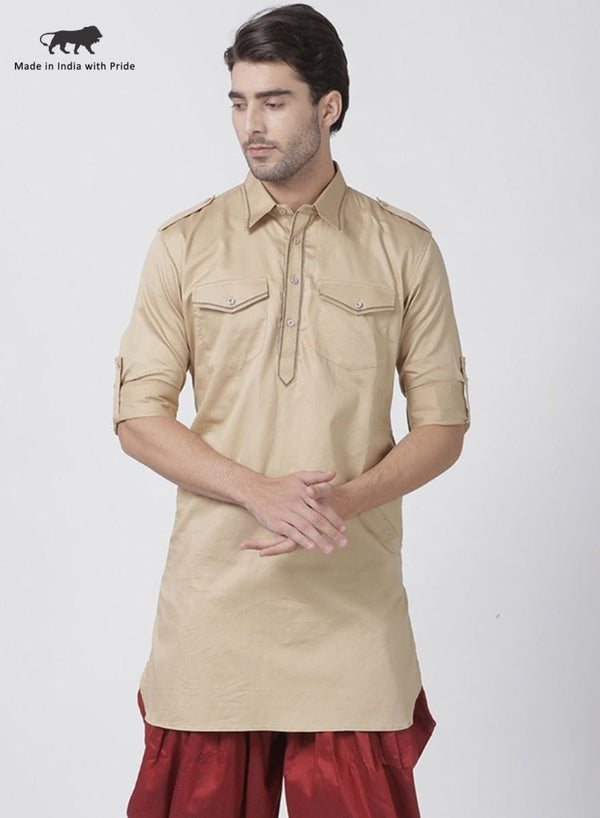 Men's Beige Cotton Blend Kurta - Vastramay