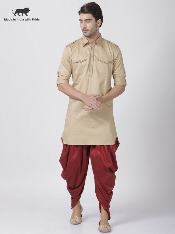 Men's Beige Cotton Blend Pathani Suit Set - Vastramay