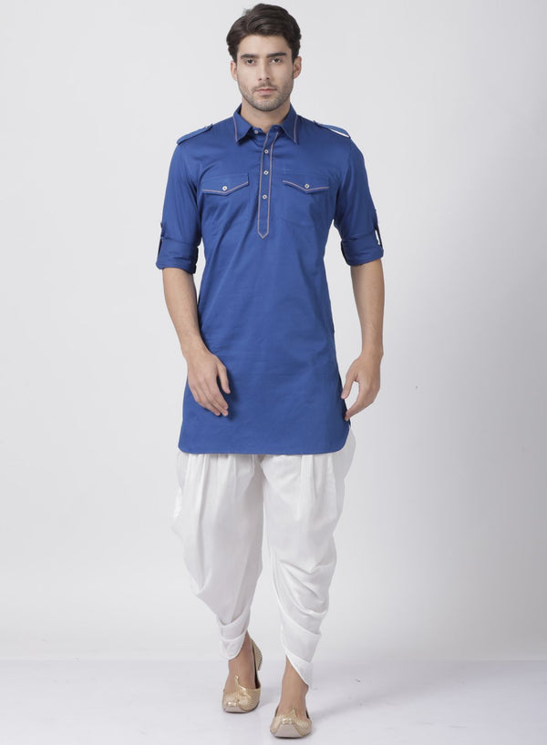 Men's Blue Cotton Blend Pathani Suit Set - Vastramay