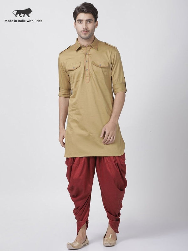 Men's Beige Cotton Blend Pathani Suit Set - Vastramay