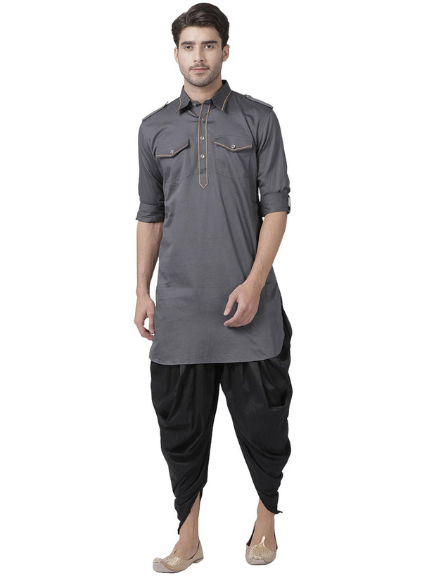 Men's Grey Cotton Blend Pathani Suit Set - Vastramay