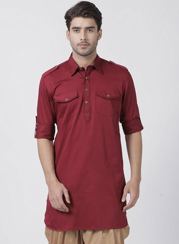 Men's Maroon Cotton Blend Kurta