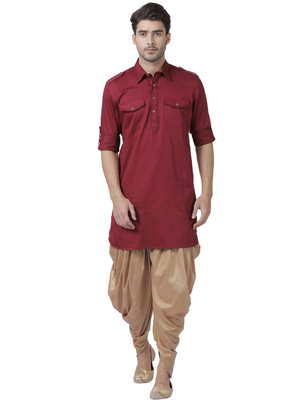 Men's Maroon Cotton Blend Pathani Suit Set - Vastramay